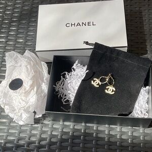 CHANEL Gold & White Logo Enamel Earrings CC with Box & Tissue New